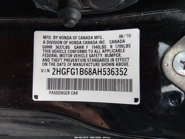 2010 Honda Civic Lx მანქანა იყიდება აუქციონზე, vin: 2HGFG1B68AH536352, აუქციონის ნომერი: 45012675
