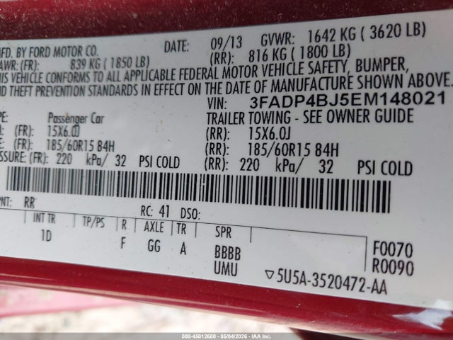 2014 Ford Fiesta Se მანქანა იყიდება აუქციონზე, vin: 3FADP4BJ5EM148021, აუქციონის ნომერი: 45012680