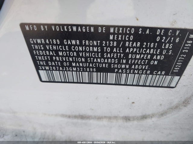 Aukcja sprzedaży 2016 Volkswagen Jetta 1.4t S, vin: 3VW267AJ3GM321896, numer aukcji: 45012684