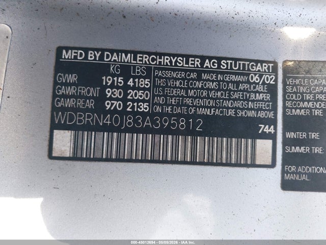 2003 Mercedes-benz C 230 Kompressor Sport მანქანა იყიდება აუქციონზე, vin: WDBRN40J83A395812, აუქციონის ნომერი: 45012694