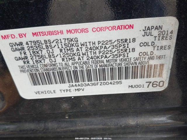 Aukcja sprzedaży 2015 Mitsubishi Outlander Se, vin: JA4AD3A36FZ004295, numer aukcji: 45012704