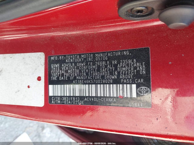 Aukcja sprzedaży 2007 Toyota Camry Le, vin: 4T1BE46K57U028028, numer aukcji: 45012706