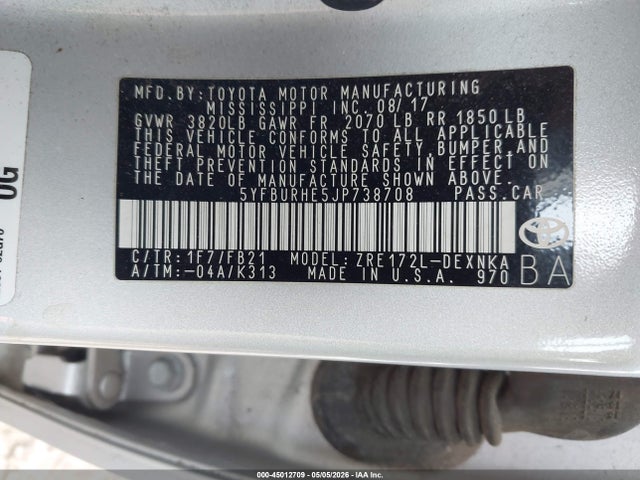 2018 Toyota Corolla Le მანქანა იყიდება აუქციონზე, vin: 5YFBURHE5JP738708, აუქციონის ნომერი: 45012709