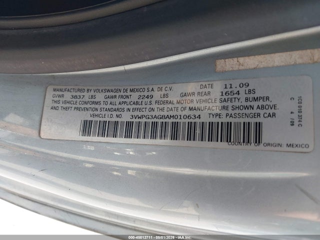 2010 Volkswagen New Beetle 2.5l მანქანა იყიდება აუქციონზე, vin: 3VWPG3AG8AM010634, აუქციონის ნომერი: 45012711