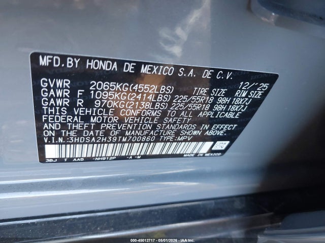 45012717 :رقم المزاد ، 3HDSA2H39TM700860 vin ، 2026 Acura Adx مزاد بيع