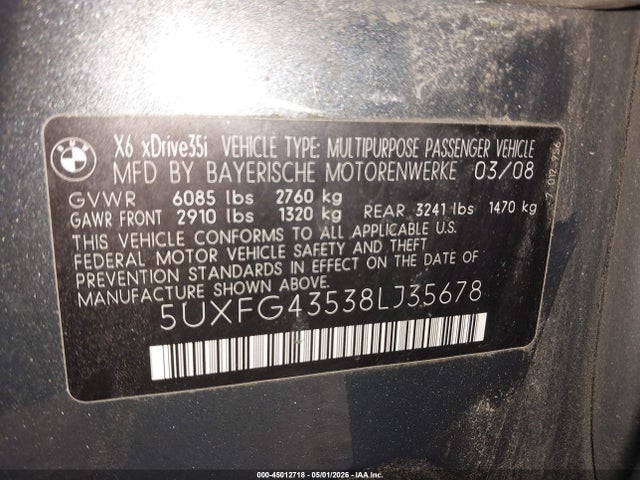Продаж на аукціоні авто 2008 Bmw X6 Xdrive35i, vin: 5UXFG43538LJ35678, номер лоту: 45012718