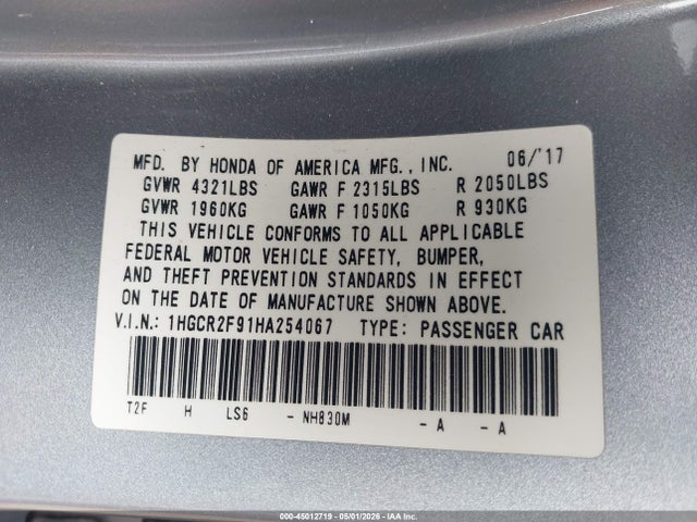 Honda Accord Ex-l 2017 1HGCR2F91HA254067 Image 9