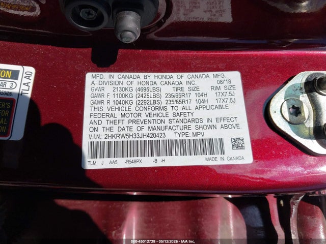 2018 Honda Cr-v Lx მანქანა იყიდება აუქციონზე, vin: 2HKRW5H33JH420423, აუქციონის ნომერი: 45012728