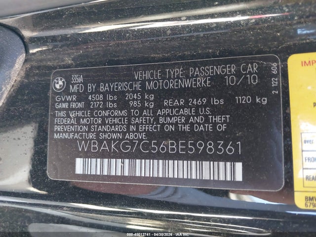 Продаж на аукціоні авто 2011 Bmw 335i, vin: WBAKG7C56BE598361, номер лоту: 45012741