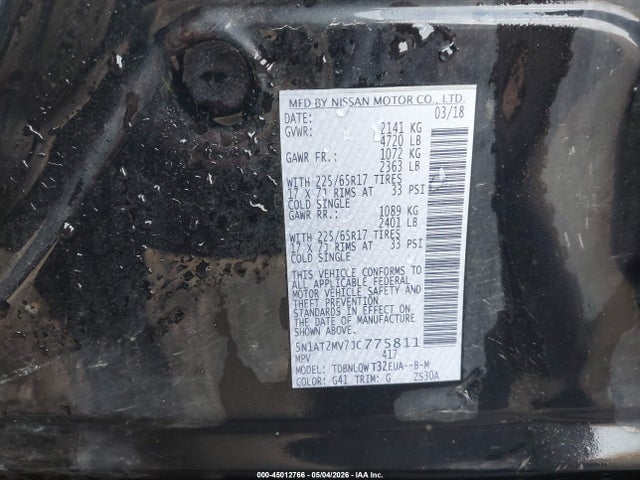 Продажа на аукционе авто 2018 Nissan Rogue Sv, vin: 5N1AT2MV7JC775811, номер лота: 45012766