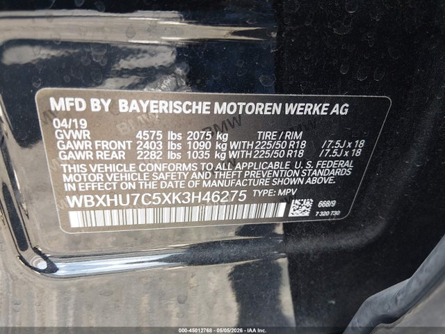 2019 Bmw X1 Sdrive28i მანქანა იყიდება აუქციონზე, vin: WBXHU7C5XK3H46275, აუქციონის ნომერი: 45012768