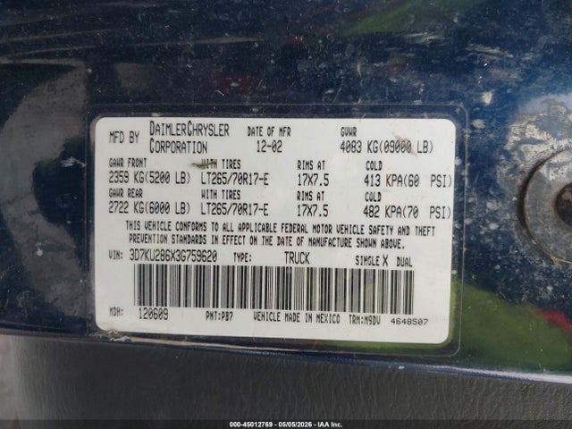 Продаж на аукціоні авто 2003 Dodge Ram 2500 Slt/laramie/st, vin: 3D7KU286X3G759620, номер лоту: 45012769