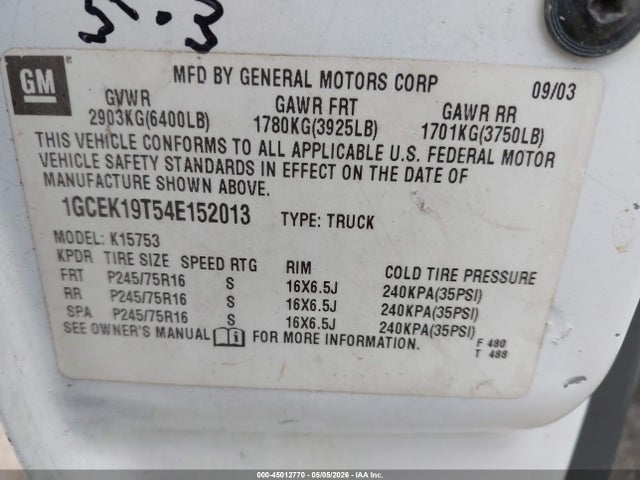 45012770 :رقم المزاد ، 1GCEK19T54E152013 vin ، 2004 Chevrolet Silverado 1500 Work Truck مزاد بيع