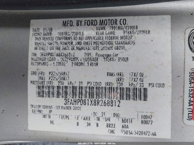 Aukcja sprzedaży 2008 Ford Fusion Sel, vin: 3FAHP081X8R268812, numer aukcji: 45012778