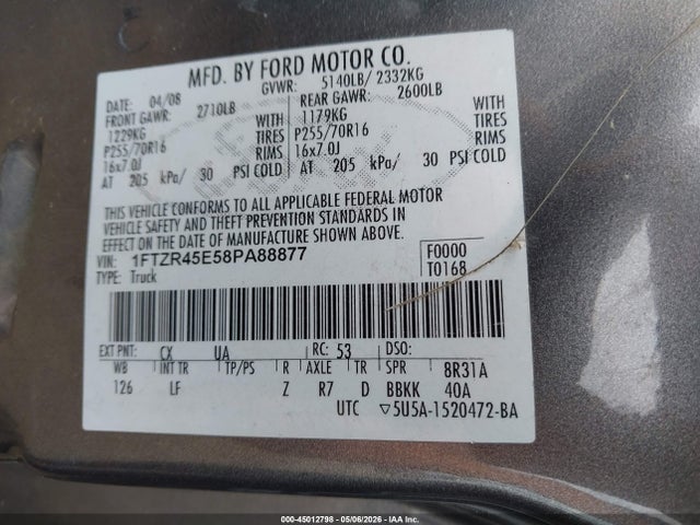 Aukcja sprzedaży 2008 Ford Ranger Fx4 Off-road, vin: 1FTZR45E58PA88877, numer aukcji: 45012798