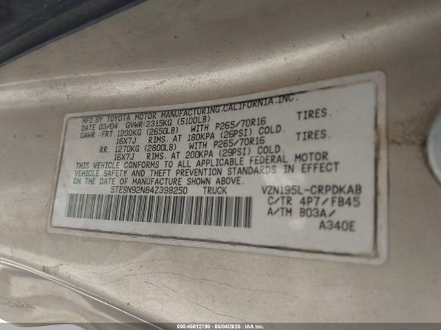 Auction sale of the 2004 Toyota Tacoma Prerunner V6, vin: 5TESN92N84Z398250, lot number: 45012799