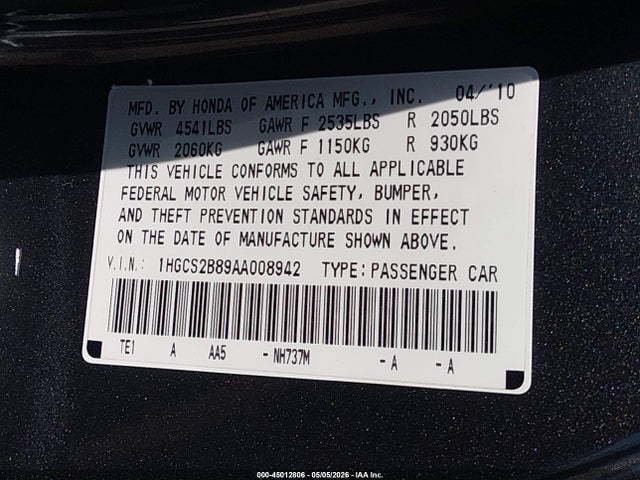 2010 Honda Accord 3.5 Ex-l მანქანა იყიდება აუქციონზე, vin: 1HGCS2B89AA008942, აუქციონის ნომერი: 45012806