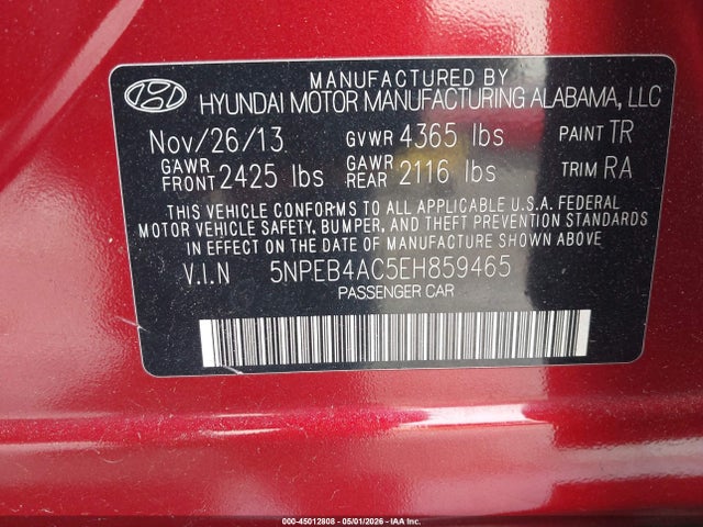 Aukcja sprzedaży 2014 Hyundai Sonata Gls, vin: 5NPEB4AC5EH859465, numer aukcji: 45012808