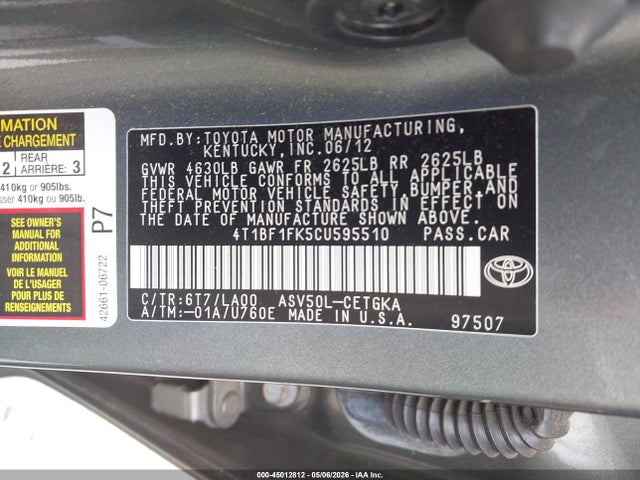 Продажа на аукционе авто 2012 Toyota Camry Xle, vin: 4T1BF1FK5CU595510, номер лота: 45012812