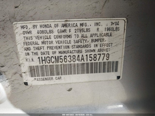 2004 Honda Accord 2.4 Lx მანქანა იყიდება აუქციონზე, vin: 1HGCM56384A158779, აუქციონის ნომერი: 45012822
