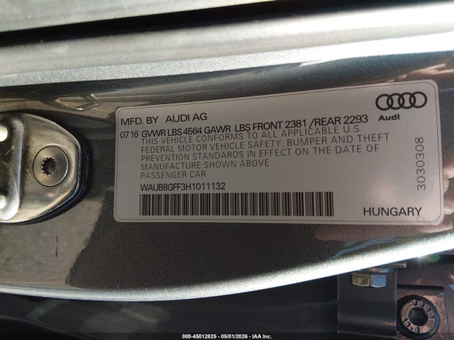 Aukcja sprzedaży 2017 Audi A3 2.0t Premium, vin: WAUB8GFF3H1011132, numer aukcji: 45012825