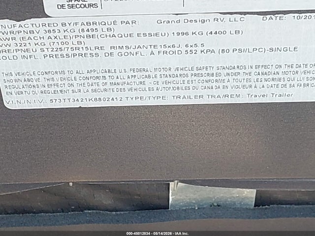 Продажа на аукционе авто 2019 Grand Design Transcend, vin: 573TT3421K8802412, номер лота: 45012834