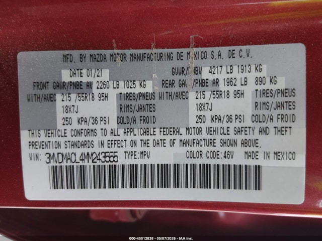 Продажа на аукционе авто 2021 Mazda Cx-30 Preferred, vin: 3MVDMACL4MM243555, номер лота: 45012838