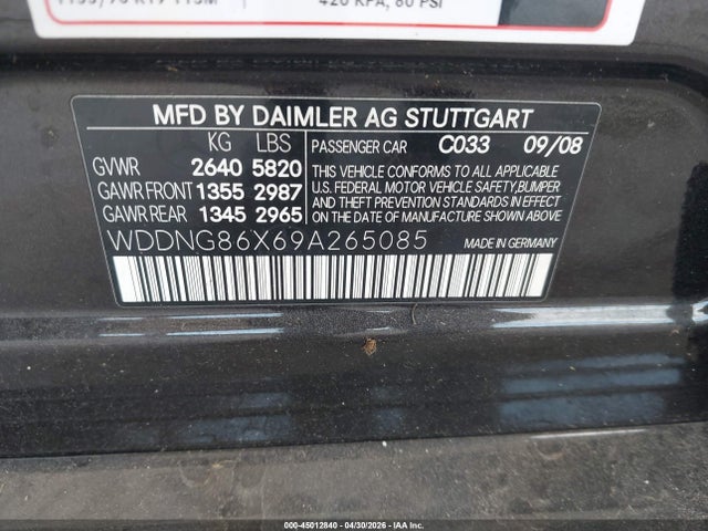 45012840 :رقم المزاد ، WDDNG86X69A265085 vin ، 2009 Mercedes-benz S 550 4matic مزاد بيع