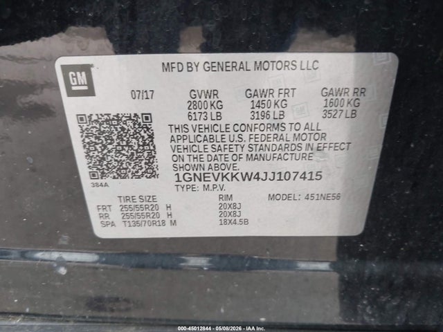 Продажа на аукционе авто 2018 Chevrolet Traverse High Country, vin: 1GNEVKKW4JJ107415, номер лота: 45012844