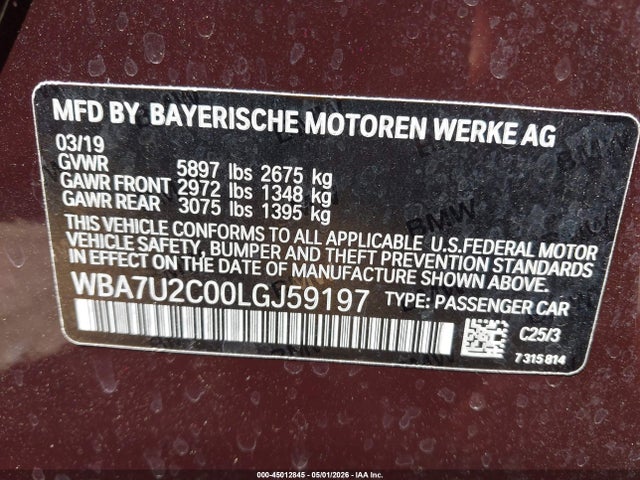 Aukcja sprzedaży 2020 Bmw 750i Xdrive, vin: WBA7U2C00LGJ59197, numer aukcji: 45012845