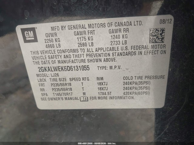 Aukcja sprzedaży 2013 Gmc Terrain Slt-2, vin: 2GKALWEK6D6131055, numer aukcji: 45012855