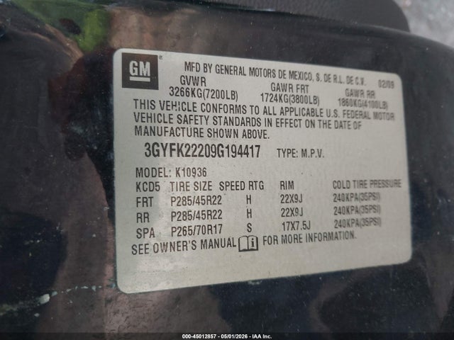 45012857 :رقم المزاد ، 3GYFK22209G194417 vin ، 2009 Cadillac Escalade Ext Standard مزاد بيع