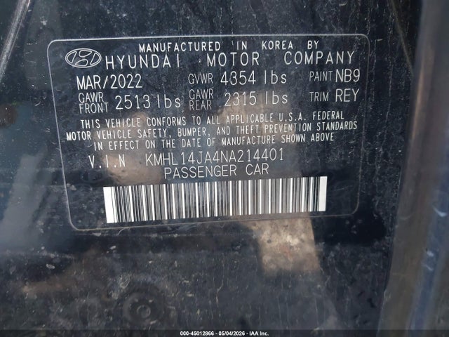 Aukcja sprzedaży 2022 Hyundai Sonata Sel, vin: KMHL14JA4NA214401, numer aukcji: 45012866