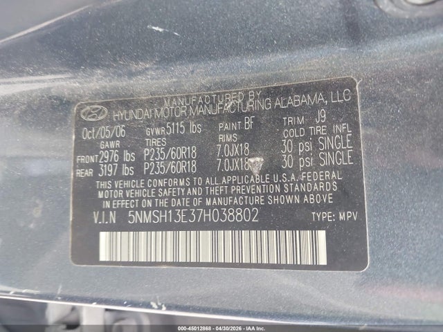 Aukcja sprzedaży 2007 Hyundai Santa Fe Limited/se, vin: 5NMSH13E37H038802, numer aukcji: 45012868