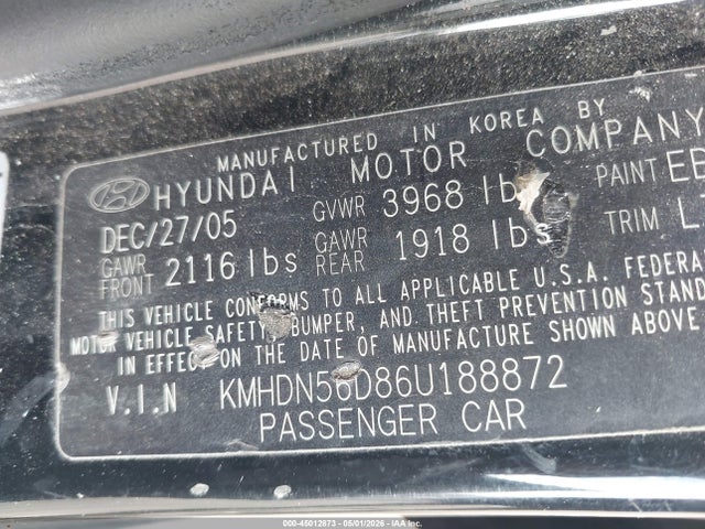Aukcja sprzedaży 2006 Hyundai Elantra Gls/gt, vin: KMHDN56D86U188872, numer aukcji: 45012873