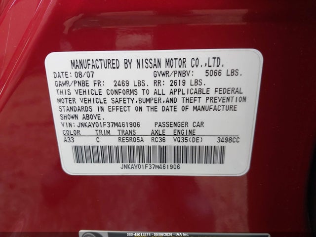 45012874 :رقم المزاد ، JNKAY01F37M461906 vin ، 2007 Infiniti M35x مزاد بيع