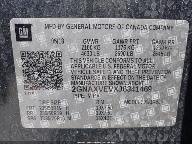 45012879 :رقم المزاد ، 2GNAXVEVXJ6341469 vin ، 2018 Chevrolet Equinox Premier مزاد بيع