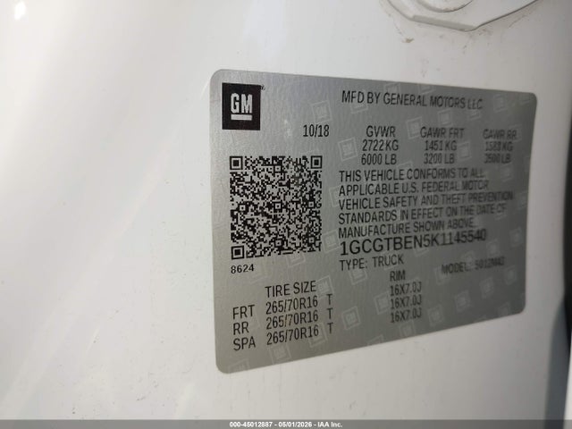 Aukcja sprzedaży 2019 Chevrolet Colorado Wt, vin: 1GCGTBEN5K1145540, numer aukcji: 45012887