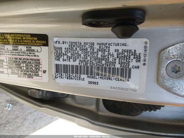 45012894 :رقم المزاد ، 4T1BF32K34U070979 vin ، 2004 Toyota Camry Xle V6 مزاد بيع