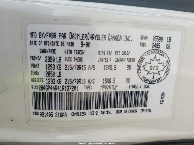 Продажа на аукционе авто 2001 Dodge Grand Caravan Sport, vin: 2B4GP44R41R137201, номер лота: 45012895
