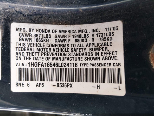 45012899 :رقم المزاد ، 1HGFA16546L024116 vin ، 2006 Honda Civic Lx مزاد بيع