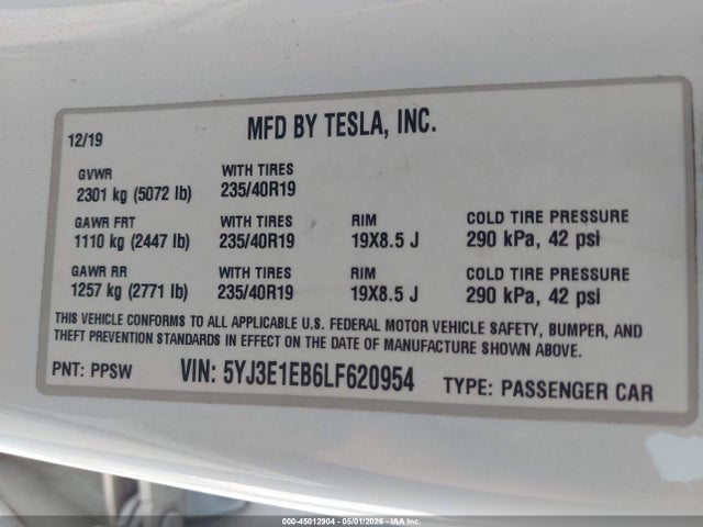 Продаж на аукціоні авто 2020 Tesla Model 3 Long Range Dual Motor All-wheel Drive, vin: 5YJ3E1EB6LF620954, номер лоту: 45012904