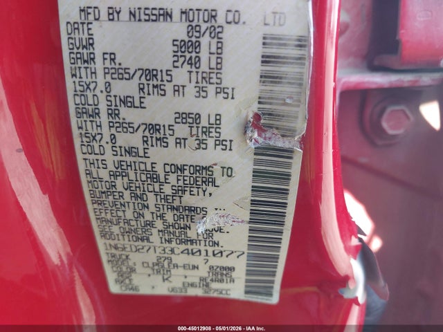 45012908 :رقم المزاد ، 1N6ED27T33C401077 vin ، 2003 Nissan Frontier Xe-v6 مزاد بيع