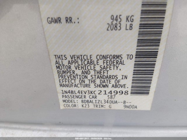 Продаж на аукціоні авто 2019 Nissan Altima 2.5 Sl, vin: 1N4BL4EV3KC214998, номер лоту: 45012911