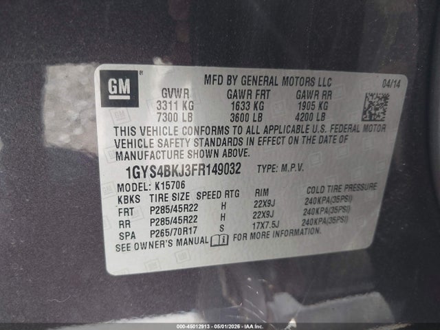 Продажа на аукционе авто 2015 Cadillac Escalade Luxury, vin: 1GYS4BKJ3FR149032, номер лота: 45012913