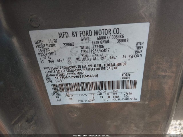 2008 Ford F-150 60th Anniversary/fx2/xl/xlt მანქანა იყიდება აუქციონზე, vin: 1FTRW12W68FA84315, აუქციონის ნომერი: 45012914