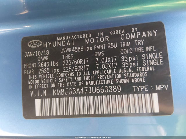 Продаж на аукціоні авто 2018 Hyundai Tucson Sel, vin: KM8J33A47JU663389, номер лоту: 45012918