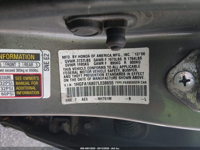 Aukcja sprzedaży 2007 Honda Civic Ex, vin: 1HGFA16807L038655, numer aukcji: 45012920