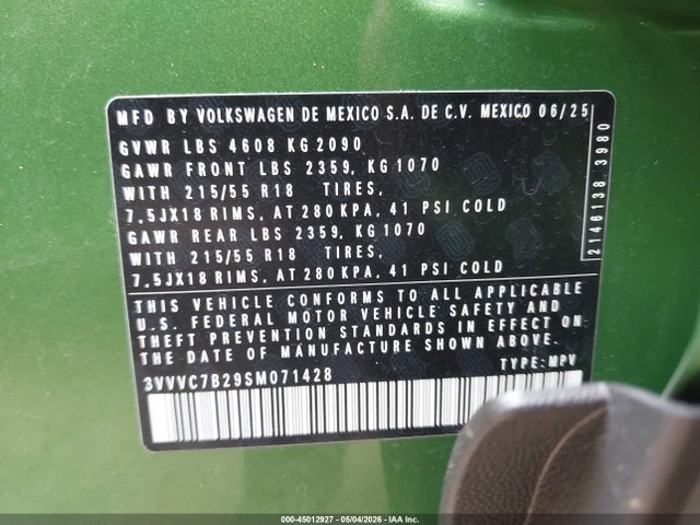 45012927 :رقم المزاد ، 3VVVC7B29SM071428 vin ، 2025 Volkswagen Taos 1.5t Se مزاد بيع