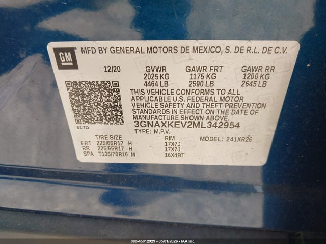 Продажа на аукционе авто 2021 Chevrolet Equinox Fwd Lt, vin: 3GNAXKEV2ML342954, номер лота: 45012929